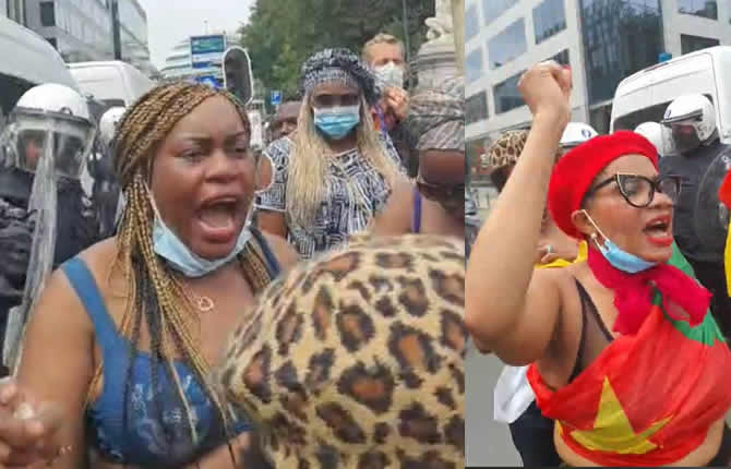 Les manifestantes de la brigade Anti-Sardinard se déshabillent devant les policiers belges