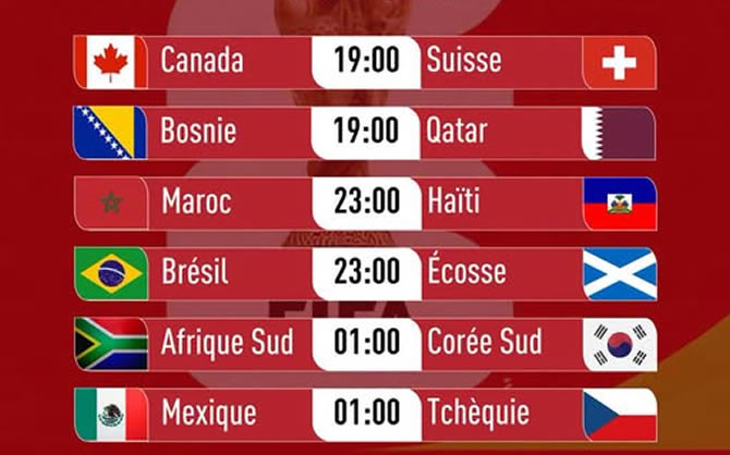 Mondial 2026, programme du jour : soirée décisive pour le Maroc et l’Afrique du Sud, le Brésil sous pression avant un tournant majeur