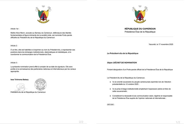 Cameroun : Issa Tchiroma signe un ?d?cret présidentiel? et nomme Me Alice Nkom porte-parole de sa ?Pr?sidence ?lue?