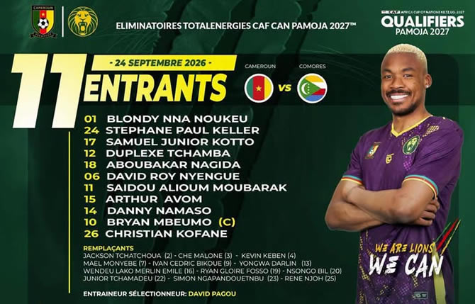 Cameroun – Comores : David Pagou sort son onze, Namaso, Mbeumo et Kofane titulaires à Garoua