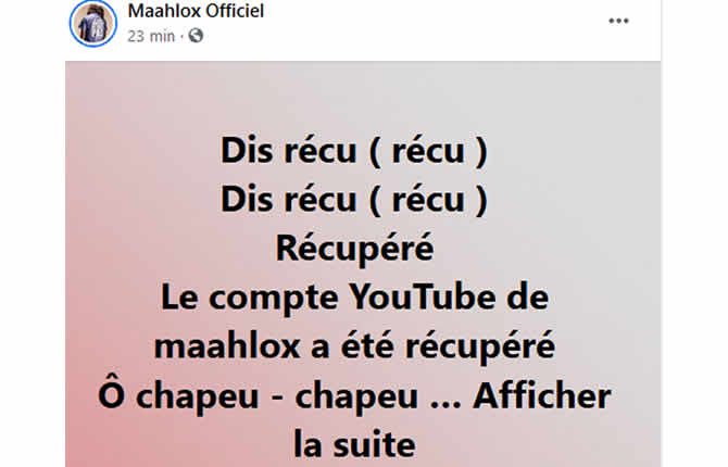 L'artiste Maahlox annonce la récupération de son compte youtube