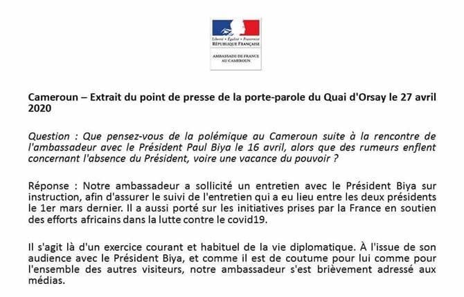 La France veut mettre fin à la rumeur sur la vacance de pouvoir au Cameroun